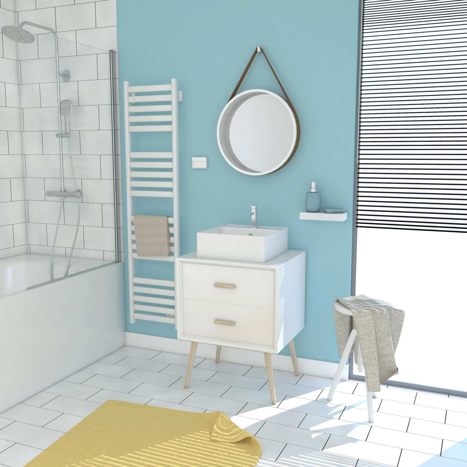MEUBLE SALLE DE BAIN SCANDINAVE BLANC 60 CM SUR PIEDS AVEC TIROIR, VASQUE A POSER ET MIROIR ROND MEUBLE SALLE DE BAIN SCANDINAVE BLANC 60 CM SUR PIEDS AVEC TIROIR, VASQUE A POSER ET MIROIR ROND