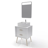 MEUBLE SALLE DE BAIN SCANDINAVE BLANC 60 CM SUR PIEDS AVEC TIROIR - VASQUE A POSER ET MIROIR LED