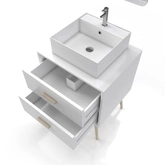 MEUBLE SALLE DE BAIN SCANDINAVE BLANC 60 CM SUR PIEDS AVEC TIROIR - VASQUE A POSER ET MIROIR LED