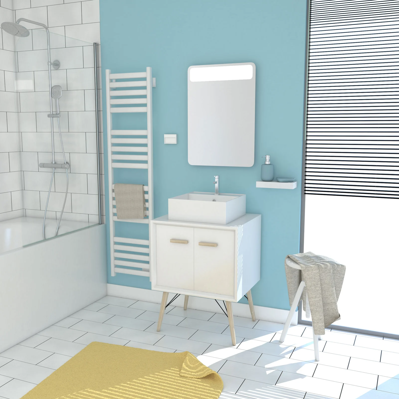 MEUBLE SALLE DE BAIN SCANDINAVE BLANC 60 CM SUR PIEDS AVEC PORTES, VASQUE A POSER ET MIROIR LED MEUBLE SALLE DE BAIN SCANDINAVE BLANC 60 CM SUR PIEDS AVEC PORTES, VASQUE A POSER ET MIROIR LED