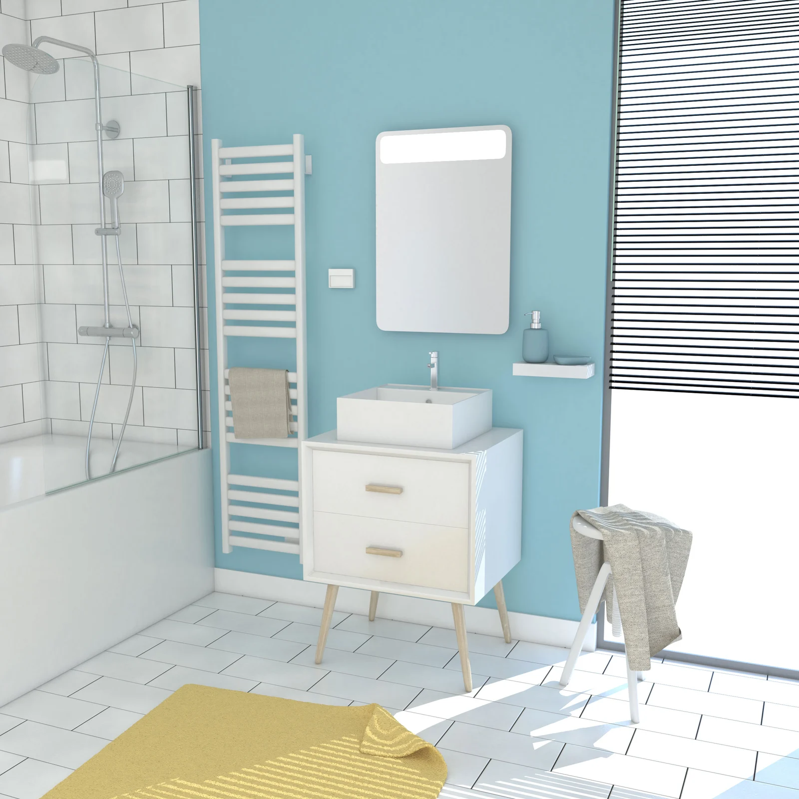 MEUBLE SALLE DE BAIN SCANDINAVE BLANC 60 CM SUR PIEDS AVEC TIROIR - VASQUE A POSER ET MIROIR LED MEUBLE SALLE DE BAIN SCANDINAVE BLANC 60 CM SUR PIEDS AVEC TIROIR - VASQUE A POSER ET MIROIR LED