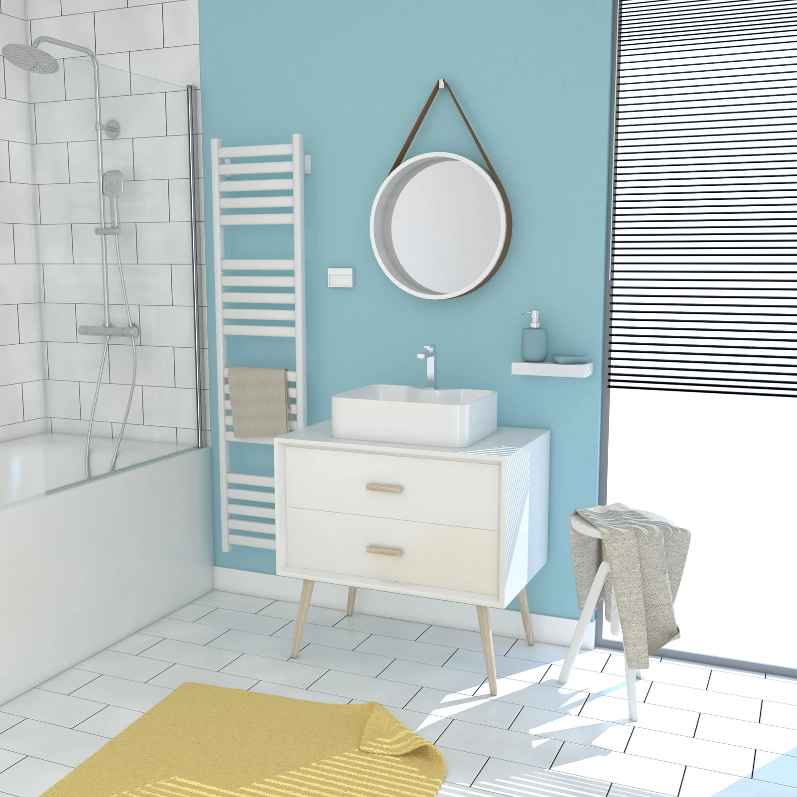 MEUBLE SALLE DE BAIN SCANDINAVE BLANC 80 CM SUR PIEDS AVEC TIROIR, VASQUE A POSER ET MIROIR ROND MEUBLE SALLE DE BAIN SCANDINAVE BLANC 80 CM SUR PIEDS AVEC TIROIR, VASQUE A POSER ET MIROIR ROND