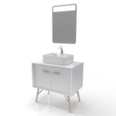 MEUBLE SALLE DE BAIN SCANDINAVE BLANC 80 CM SUR PIEDS AVEC PORTES, VASQUE A POSER ET MIROIR LED