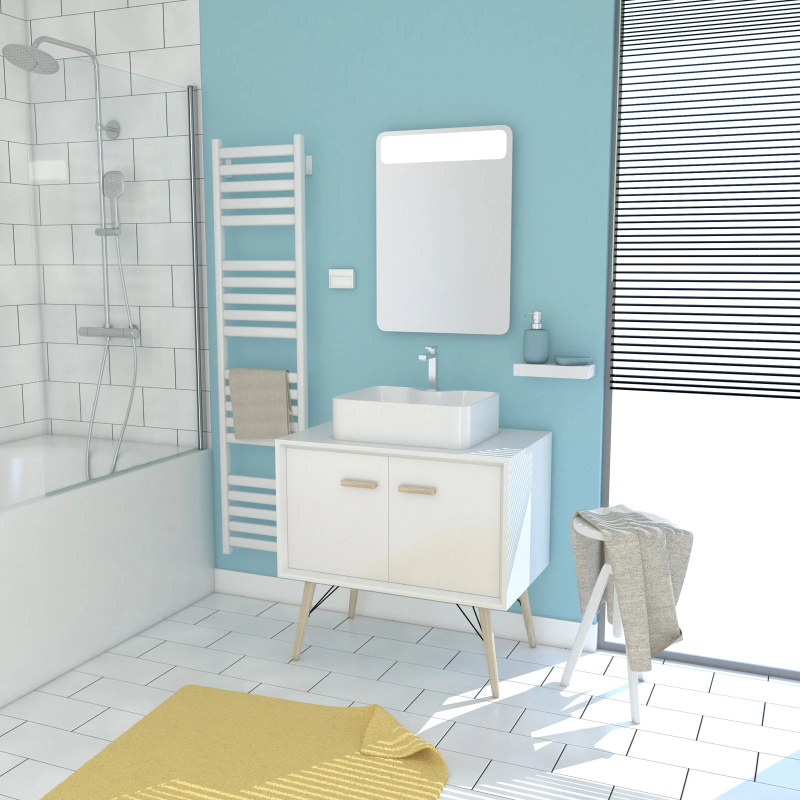 MEUBLE SALLE DE BAIN SCANDINAVE BLANC 80 CM SUR PIEDS AVEC PORTES, VASQUE A POSER ET MIROIR LED MEUBLE SALLE DE BAIN SCANDINAVE BLANC 80 CM SUR PIEDS AVEC PORTES, VASQUE A POSER ET MIROIR LED
