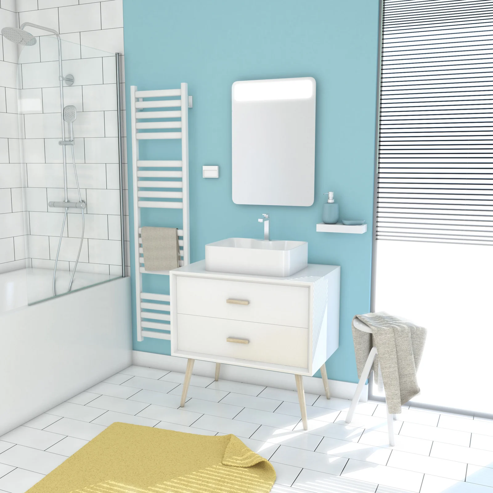 MEUBLE SALLE DE BAIN SCANDINAVE BLANC 80 CM SUR PIEDS AVEC TIROIR, VASQUE A POSER ET MIROIR LED MEUBLE SALLE DE BAIN SCANDINAVE BLANC 80 CM SUR PIEDS AVEC TIROIR, VASQUE A POSER ET MIROIR LED