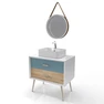 MEUBLE SALLE DE BAIN SCANDINAVE BLANC BLEU ET BOIS NATUREL 80 CM AVEC TIROIR, VASQUE A POSER