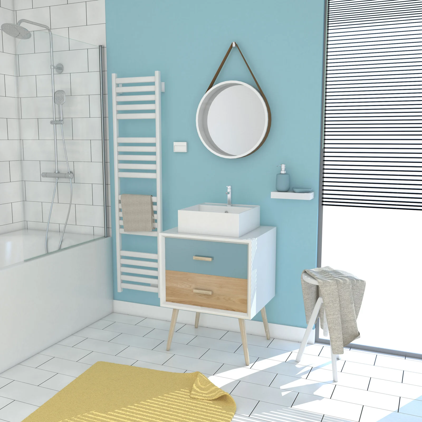 MEUBLE SALLE DE BAIN SCANDINAVE BLANC BLEU ET BOIS NATUREL 60 CM AVEC TIROIR, VASQUE A POSER MEUBLE SALLE DE BAIN SCANDINAVE BLANC BLEU ET BOIS NATUREL 60 CM AVEC TIROIR, VASQUE A POSER