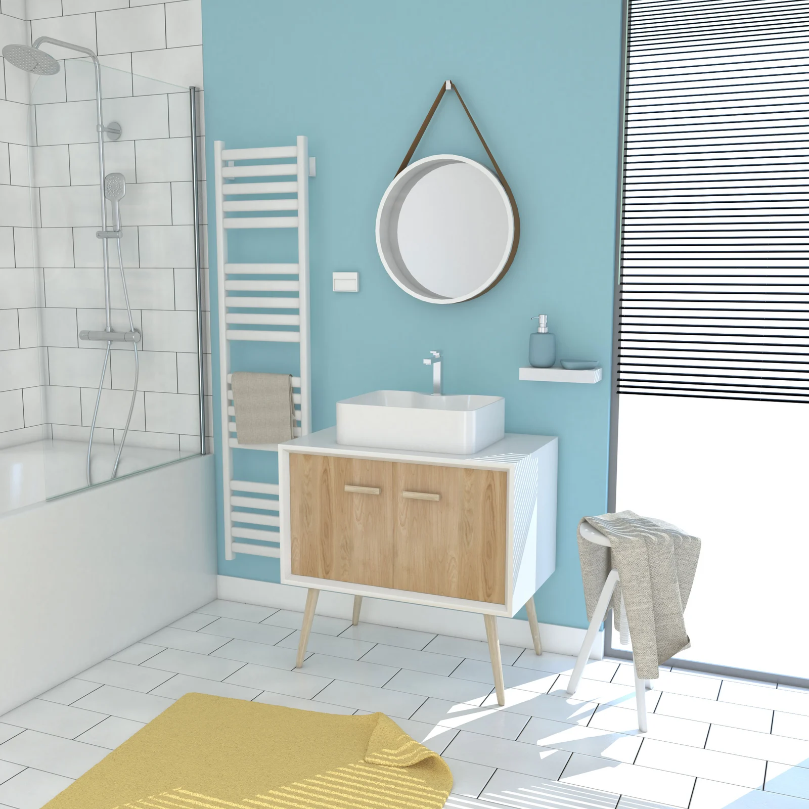 MEUBLE SALLE DE BAIN SCANDINAVE BLANC ET BOIS 80 CM SUR PIEDS, VASQUE A POSER ET MIROIR ROND MEUBLE SALLE DE BAIN SCANDINAVE BLANC ET BOIS 80 CM SUR PIEDS, VASQUE A POSER ET MIROIR ROND