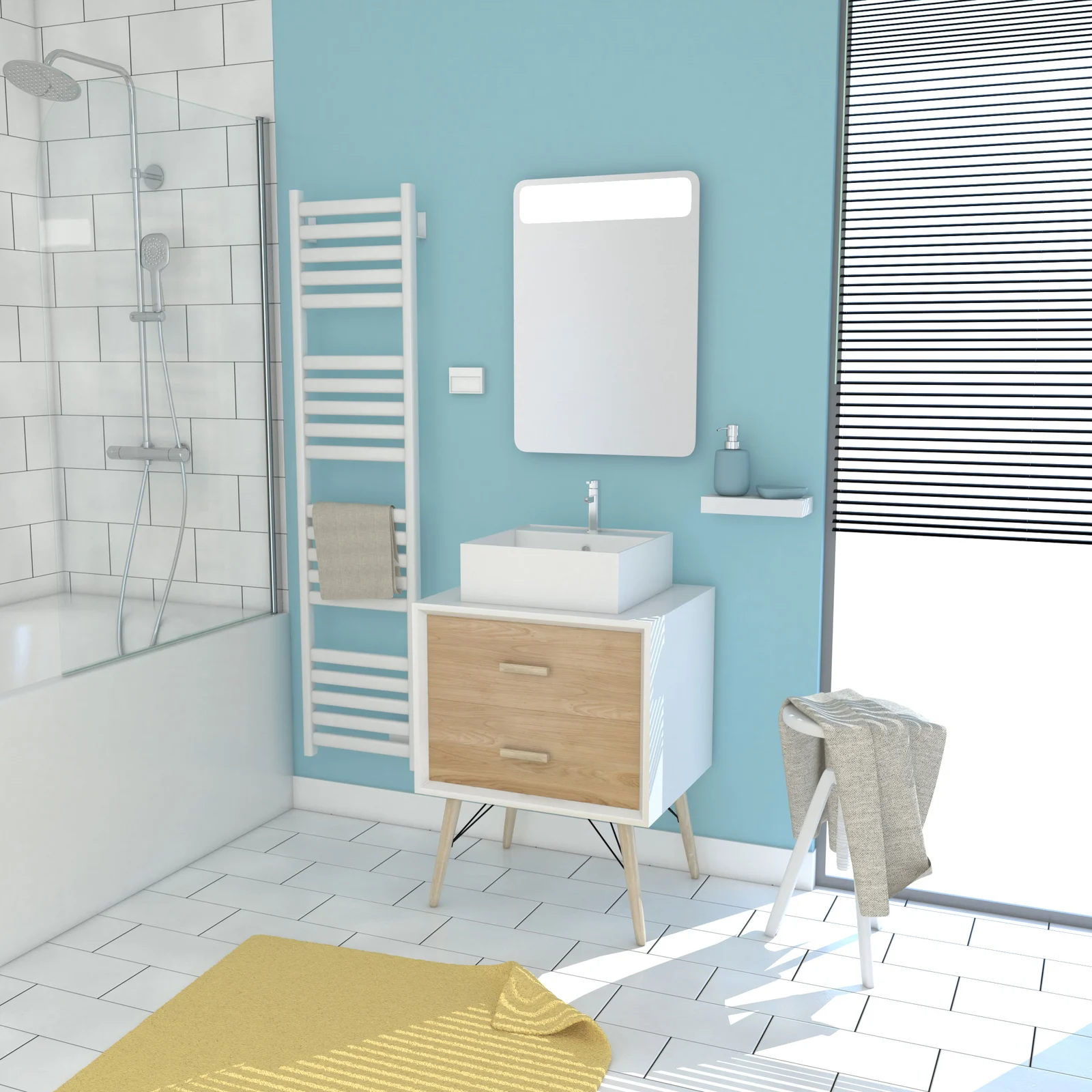 MEUBLE SALLE DE BAIN SCANDINAVE BLANC ET BOIS NATUREL 60 CM AVEC TIROIRS, VASQUE A POSER - MIROIR MEUBLE SALLE DE BAIN SCANDINAVE BLANC ET BOIS NATUREL 60 CM AVEC TIROIRS, VASQUE A POSER - MIROIR