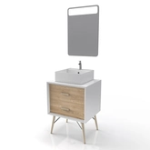 MEUBLE SALLE DE BAIN SCANDINAVE BLANC ET BOIS NATUREL 60 CM AVEC TIROIRS, VASQUE A POSER - MIROIR