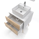 MEUBLE SALLE DE BAIN SCANDINAVE BLANC ET BOIS NATUREL 60 CM AVEC TIROIRS, VASQUE A POSER - MIROIR