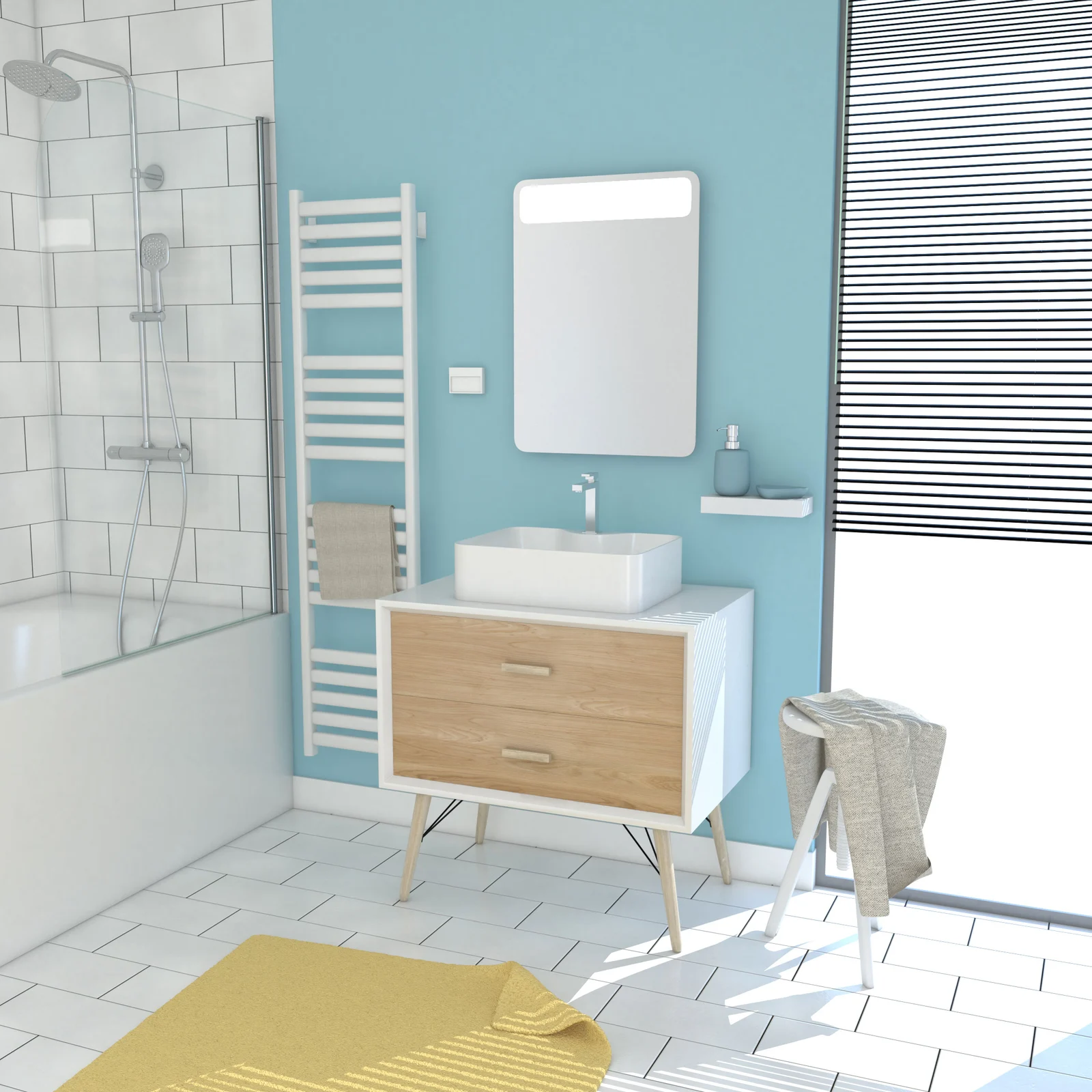 MEUBLE SALLE DE BAIN SCANDINAVE BLANC ET BOIS NATUREL 80 CM AVEC TIROIRS, VASQUE A POSER - MIROIR MEUBLE SALLE DE BAIN SCANDINAVE BLANC ET BOIS NATUREL 80 CM AVEC TIROIRS, VASQUE A POSER - MIROIR