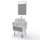 MEUBLE SALLE DE BAIN SCANDINAVE BLANC ET GRIS 60 CM SUR PIEDS AVEC TIROIRS, VASQUE A POSER ET MIROIR