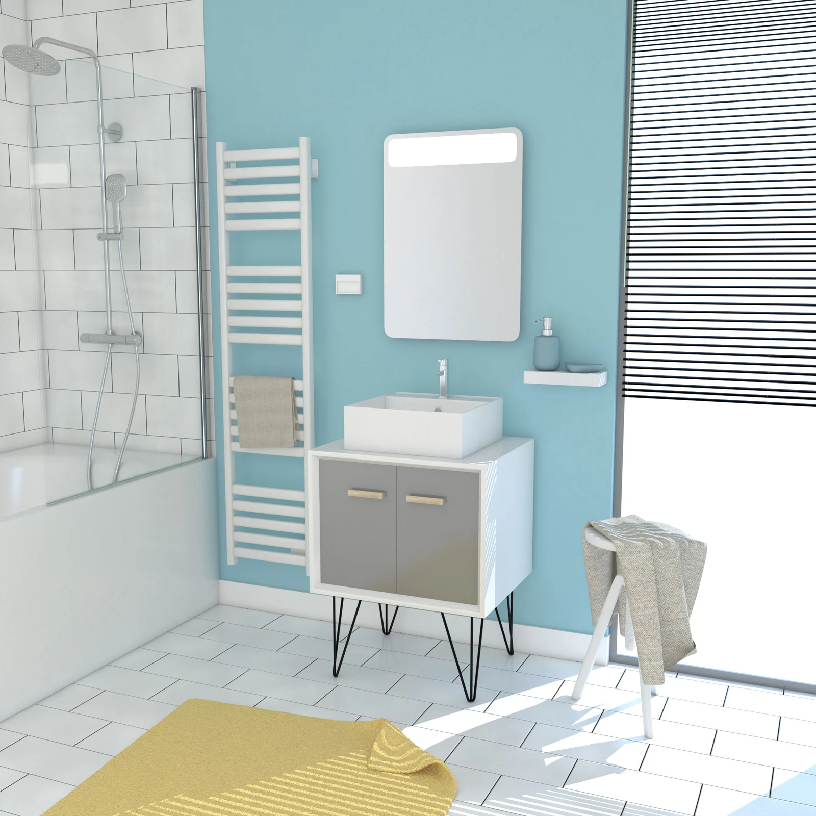 MEUBLE SALLE DE BAIN SCANDINAVE BLANC ET GRIS 60 CM SUR PIEDS - PORTES VASQUE A POSER + MIROIR LED MEUBLE SALLE DE BAIN SCANDINAVE BLANC ET GRIS 60 CM SUR PIEDS - PORTES VASQUE A POSER + MIROIR LED