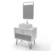 MEUBLE SALLE DE BAIN SCANDINAVE BLANC ET GRIS 80 CM AVEC TIROIRS, VASQUE A POSER ET MIROIR