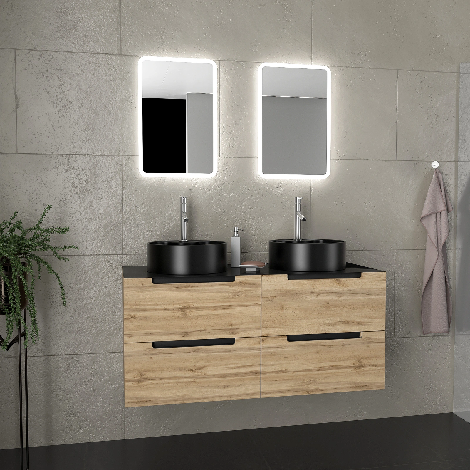 Meuble salle de bains 120cm Chêne et noir, Vasques rondes Ø41cm et Miroirs Led 40x60 - OMEGA