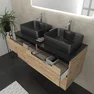 Meuble salle de bains 120cm Chêne et noir, Vasques rectangulaires et Miroir Led 120x70 - OMEGA