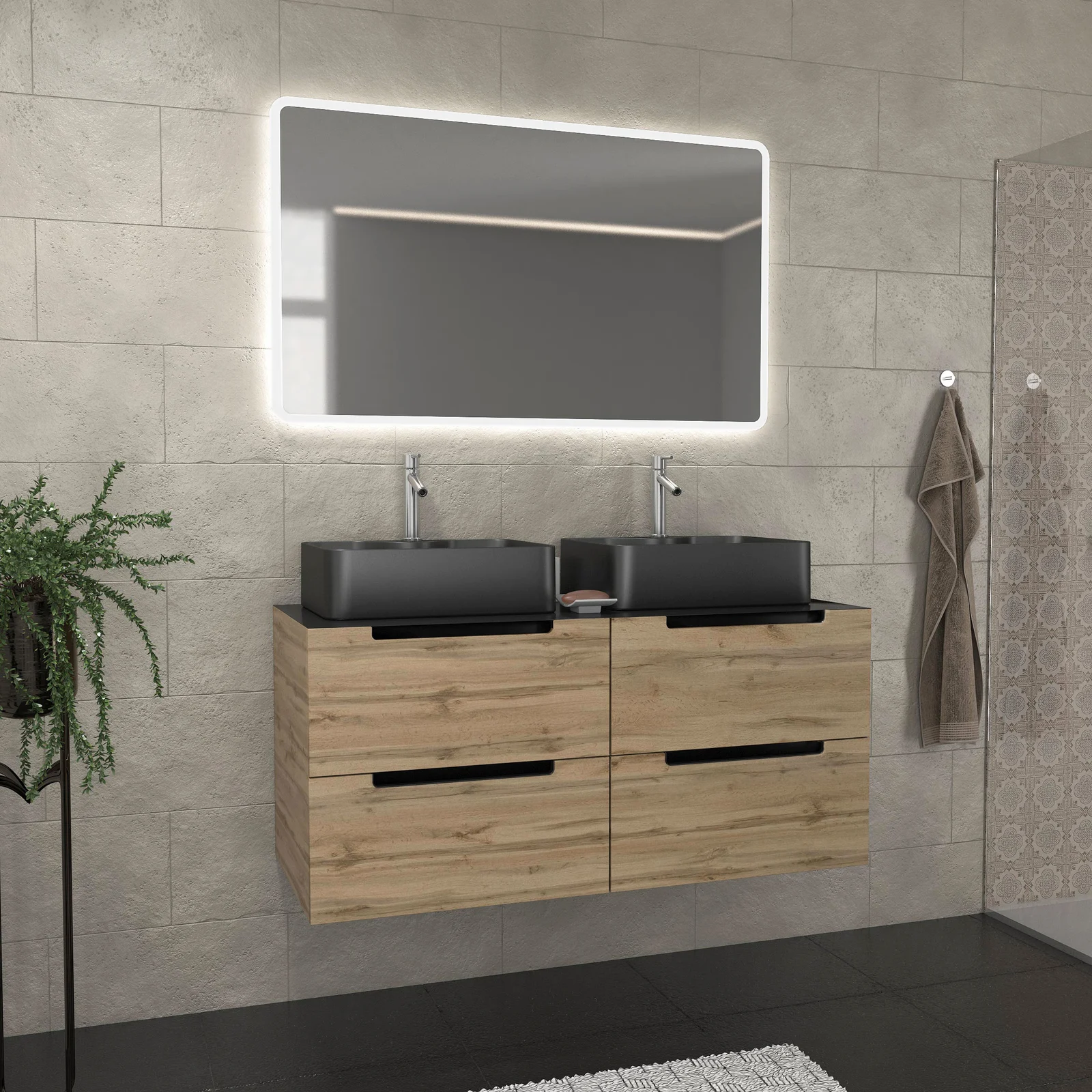 Meuble salle de bains 120cm Chêne et noir, Vasques rectangulaires et Miroir Led 120x70 - OMEGA Meuble salle de bains 120cm Chêne et noir, Vasques rectangulaires et Miroir Led 120x70 - OMEGA