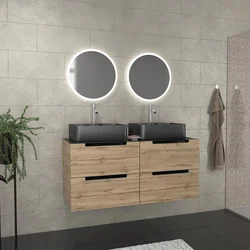 Meuble salle de bains 120cm Chêne et noir, Vasques rectangulaires et Miroirs Led Ø50cm - OMEGA