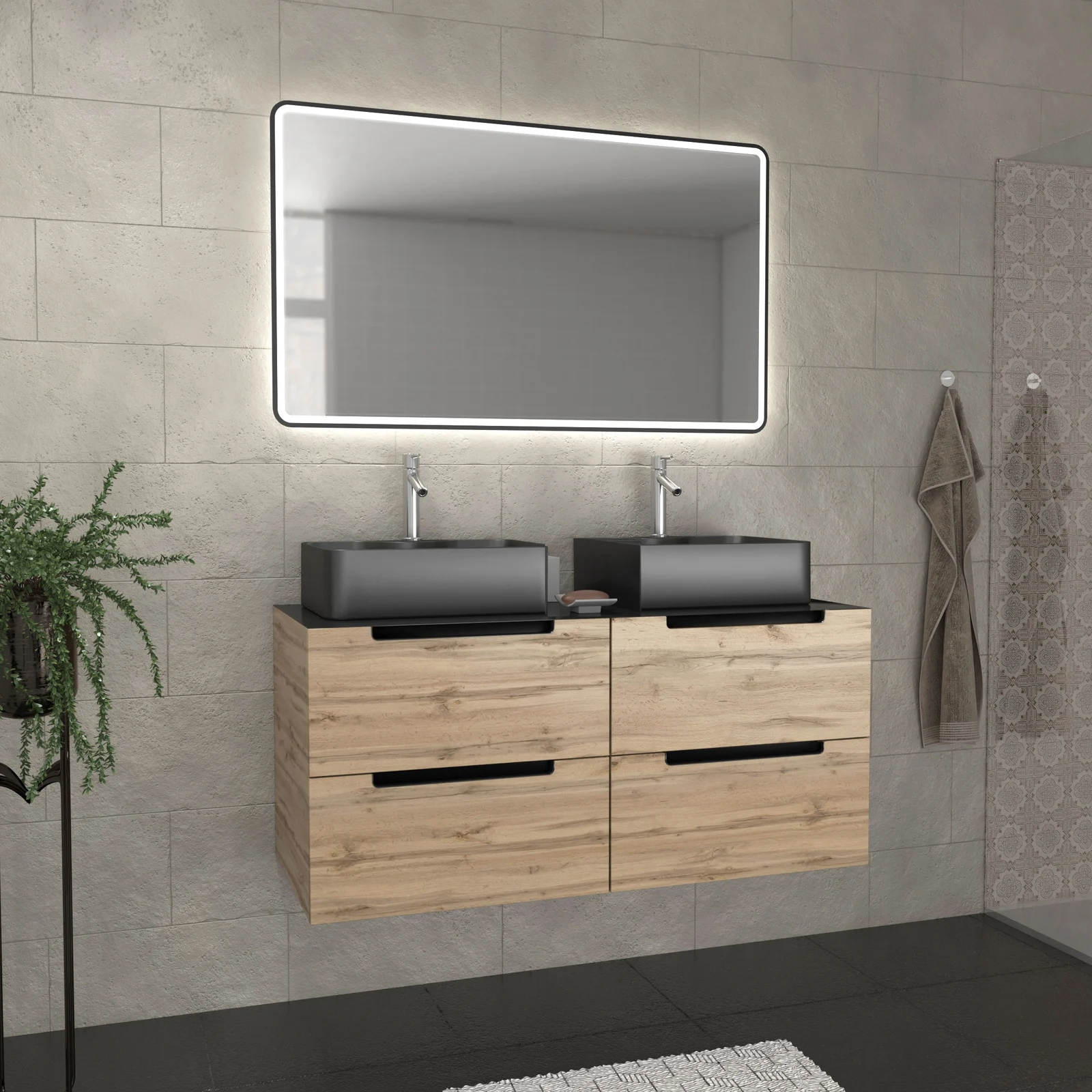 Meuble salle de bains 120cm Chêne et noir, Vasques rectangulaires et Miroir Black Led 120x70 - OMEGA