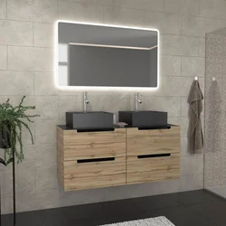 Meuble salle de bains 120cm Chêne et noir, Vasques carrées et Miroir Led 120x70 - OMEGA