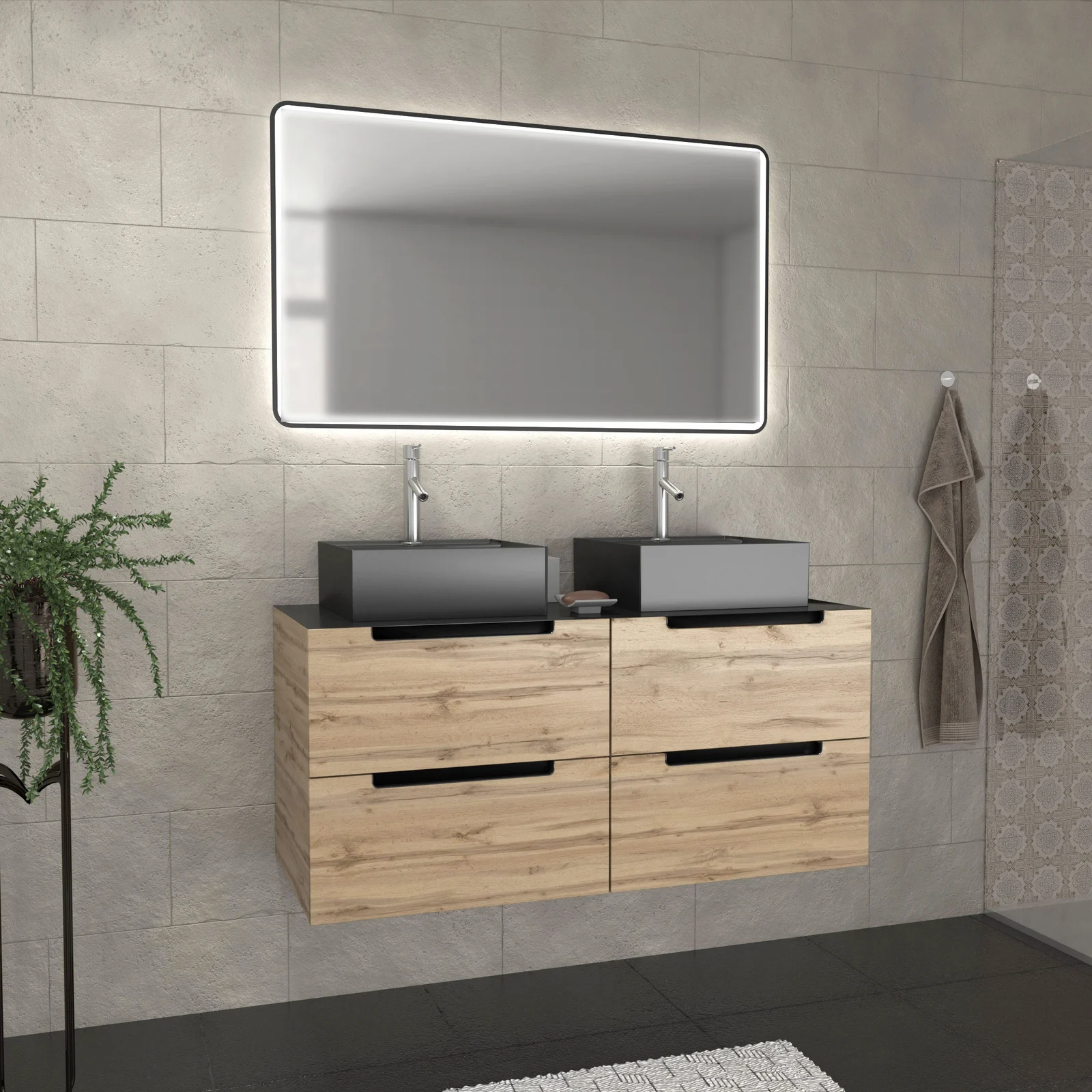 Meuble salle de bains 120cm Chêne et noir, Vasques carrées et Miroir Black Led 120x70 - OMEGA