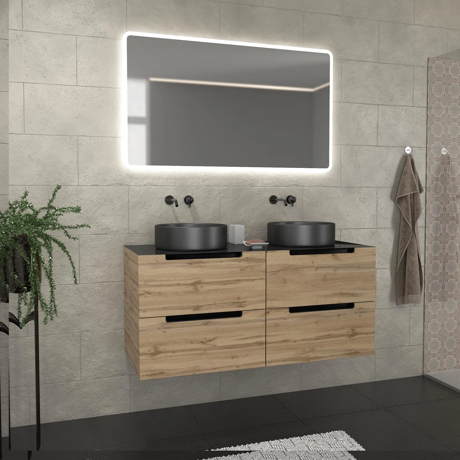 Meuble salle de bains 120cm Chêne et noir, Vasques rondes Ø36cm et Miroir Led 120x70 - OMEGA Meuble salle de bains 120cm Chêne et noir, Vasques rondes Ø36cm et Miroir Led 120x70 - OMEGA