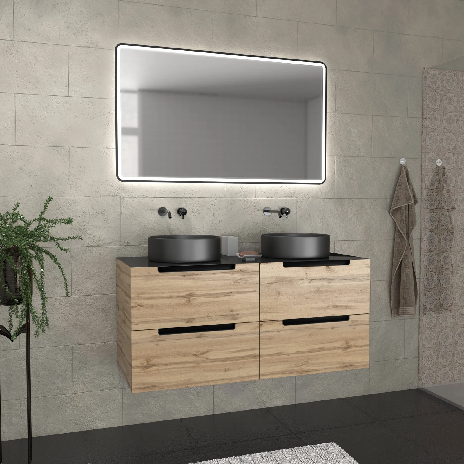 Meuble salle de bains 120cm Chêne et noir, Vasques rondes Ø36cm et Miroir Black Led 120x70 - OMEGA Meuble salle de bains 120cm Chêne et noir, Vasques rondes Ø36cm et Miroir Black Led 120x70 - OMEGA
