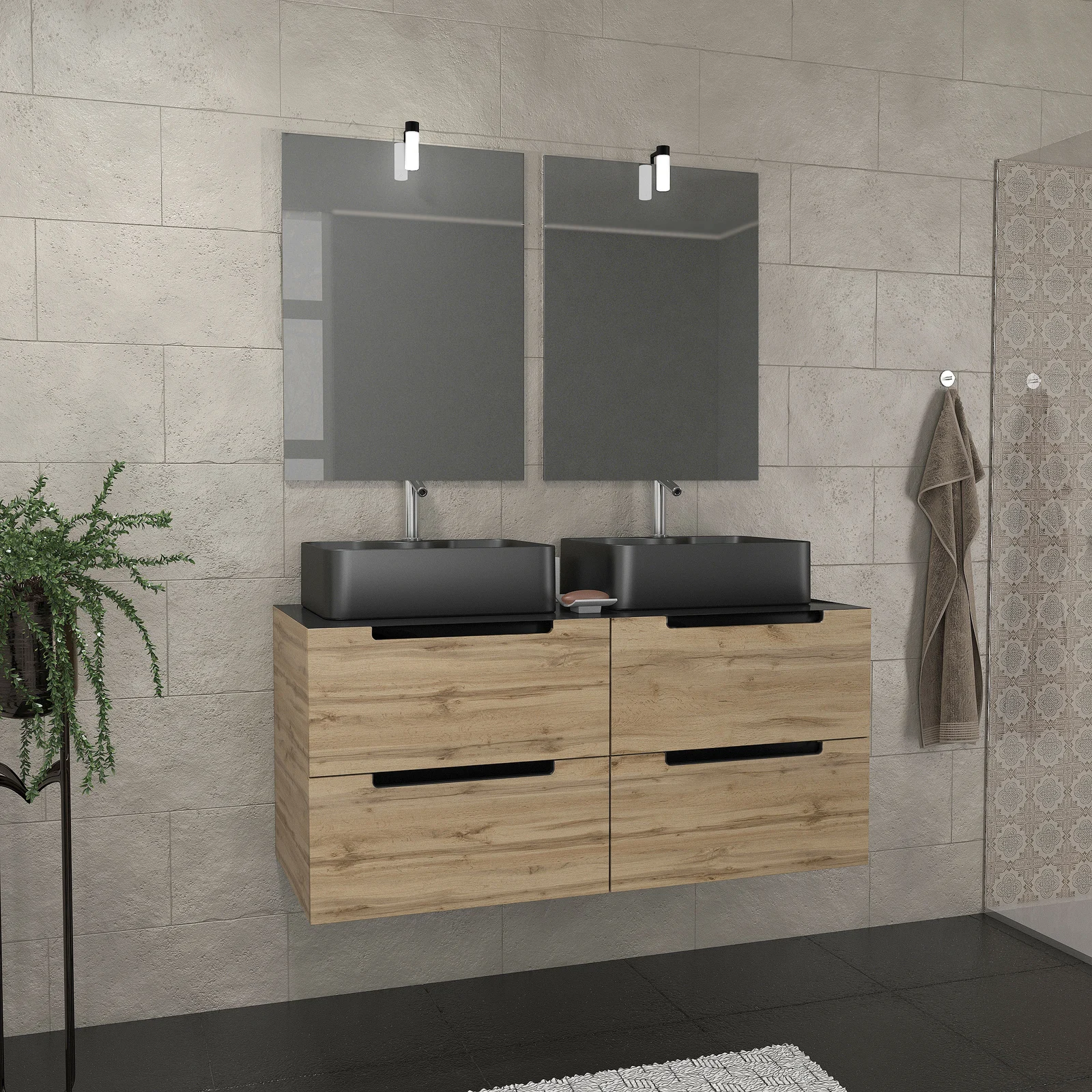 Meuble salle de bains 120cm Chêne et noir, Vasques rectangles & Miroirs avec appliques 55x75 - OMEGA Meuble salle de bains 120cm Chêne et noir, Vasques rectangles & Miroirs avec appliques 55x75 - OMEGA