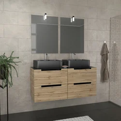 Meuble salle de bains 120cm Chêne et noir, Vasques rectangles & Miroirs avec appliques 55x75 - OMEGA