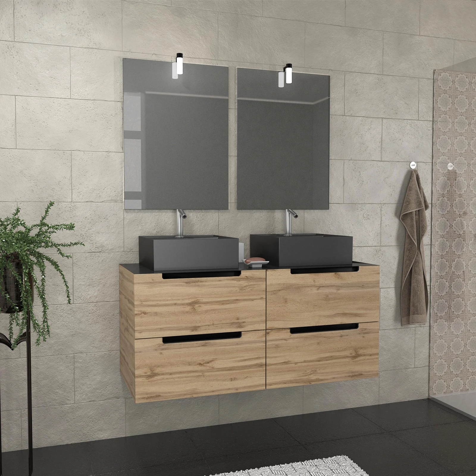 Meuble salle de bains 120cm Chêne et noir, Vasques carrées & Miroirs avec appliques 55x75 - OMEGA Meuble salle de bains 120cm Chêne et noir, Vasques carrées & Miroirs avec appliques 55x75 - OMEGA