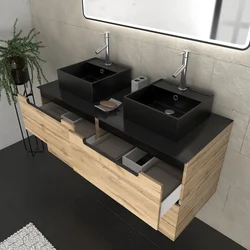 Meuble salle de bains 120cm Chêne et noir, Vasques carrées et Miroir Black Led 120x70 - OMEGA