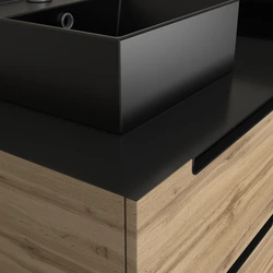 Meuble salle de bains 120cm Chêne et noir, Vasques carrées et Miroirs Led Ø50cm - OMEGA