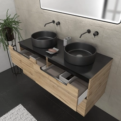 Meuble salle de bains 120cm Chêne et noir, Vasques rondes Ø36cm et Miroir Black Led 120x70 - OMEGA