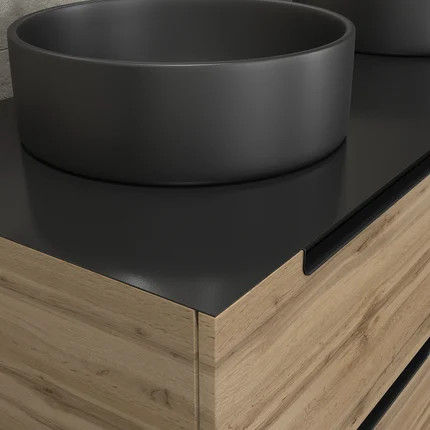 Meuble salle de bains 120cm Chêne et noir, Vasques rondes Ø36cm et Miroir Black Led 120x70 - OMEGA