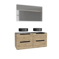 Meuble salle de bains 120cm Chêne et noir, Vasques rondes Ø36cm et Miroir Led 120x70 - OMEGA