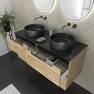 Meuble salle de bains 120cm Chêne et noir, Vasques rondes Ø36cm et Miroirs Black Led Ø50cm - OMEGA