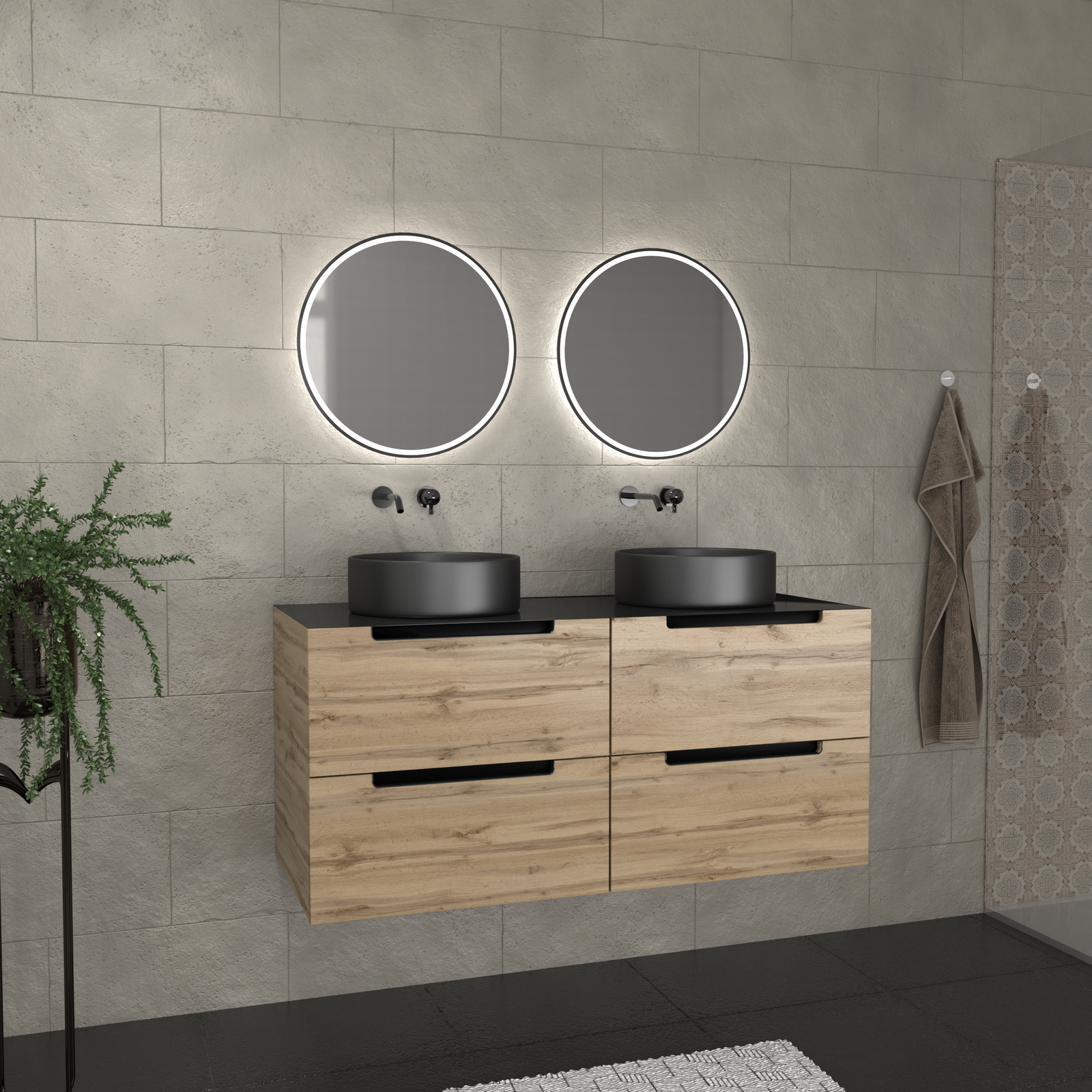 Meuble salle de bains 120cm Chêne et noir, Vasques rondes Ø36cm et Miroirs Black Led Ø50cm - OMEGA Meuble salle de bains 120cm Chêne et noir, Vasques rondes Ø36cm et Miroirs Black Led Ø50cm - OMEGA