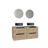 Meuble salle de bains 120cm Chêne et noir, Vasques rondes Ø36cm et Miroirs Led Ø50cm - OMEGA