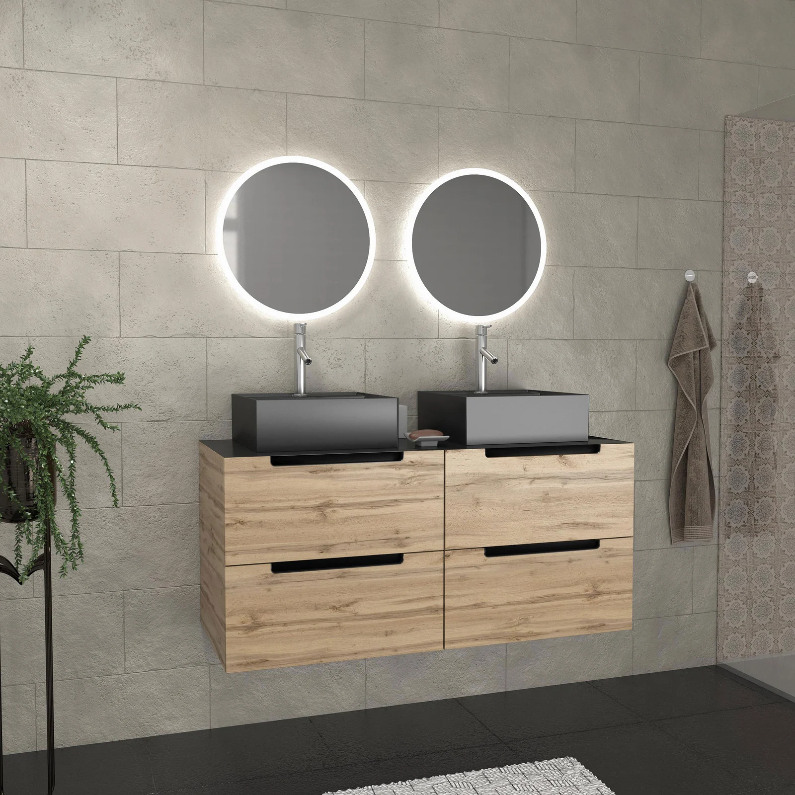 Meuble salle de bains 120cm Chêne et noir, Vasques carrées et Miroirs Led Ø50cm - OMEGA