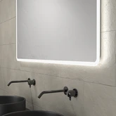 Meuble salle de bains 120cm Chêne et noir, Vasques rondes Ø36cm et Miroir Led 120x70 - OMEGA