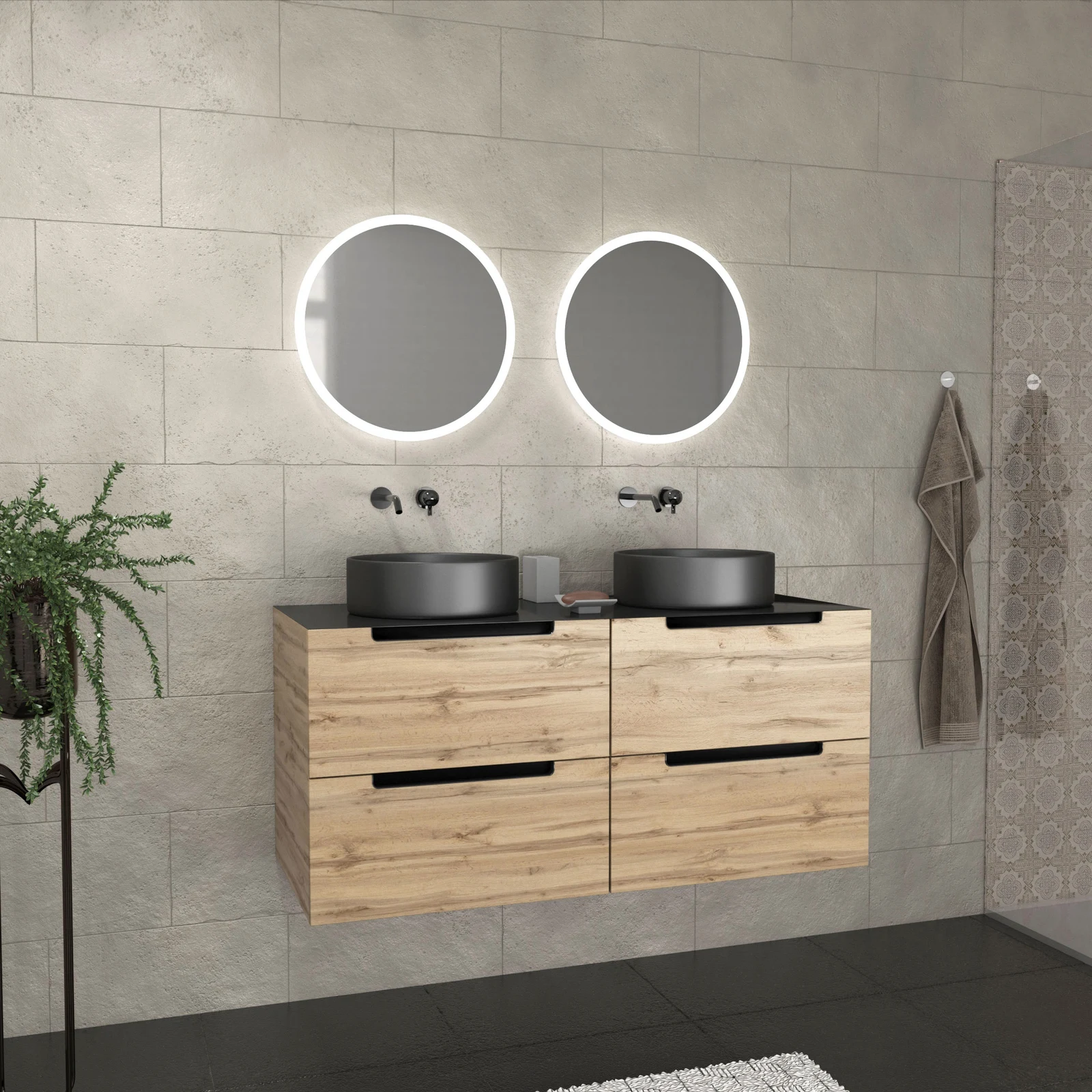 Meuble salle de bains 120cm Chêne et noir, Vasques rondes Ø36cm et Miroirs Led Ø50cm - OMEGA