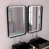 Meuble Salle de Bains 120cm_Vasques Carrées_Miroirs Led et Colonne - Chêne naturel et Noir - UBY