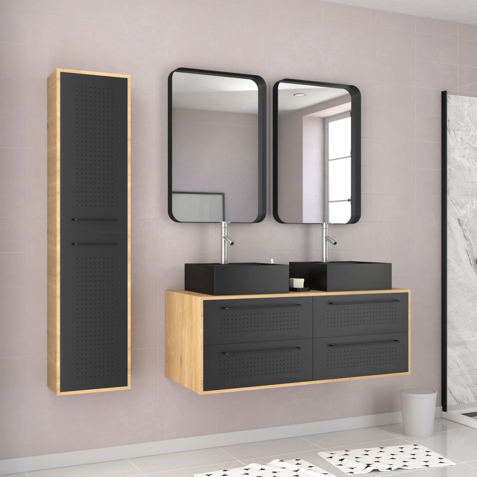 Meuble Salle de Bains 120cm_Vasques Carrées_Miroirs et Colonne - Chêne naturel et Noir - UBY Meuble Salle de Bains 120cm_Vasques Carrées_Miroirs et Colonne - Chêne naturel et Noir - UBY
