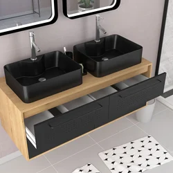 Meuble Salle de Bains 120cm_Vasques Rectangles_Miroirs Led et Colonne - Chêne naturel et Noir - UBY