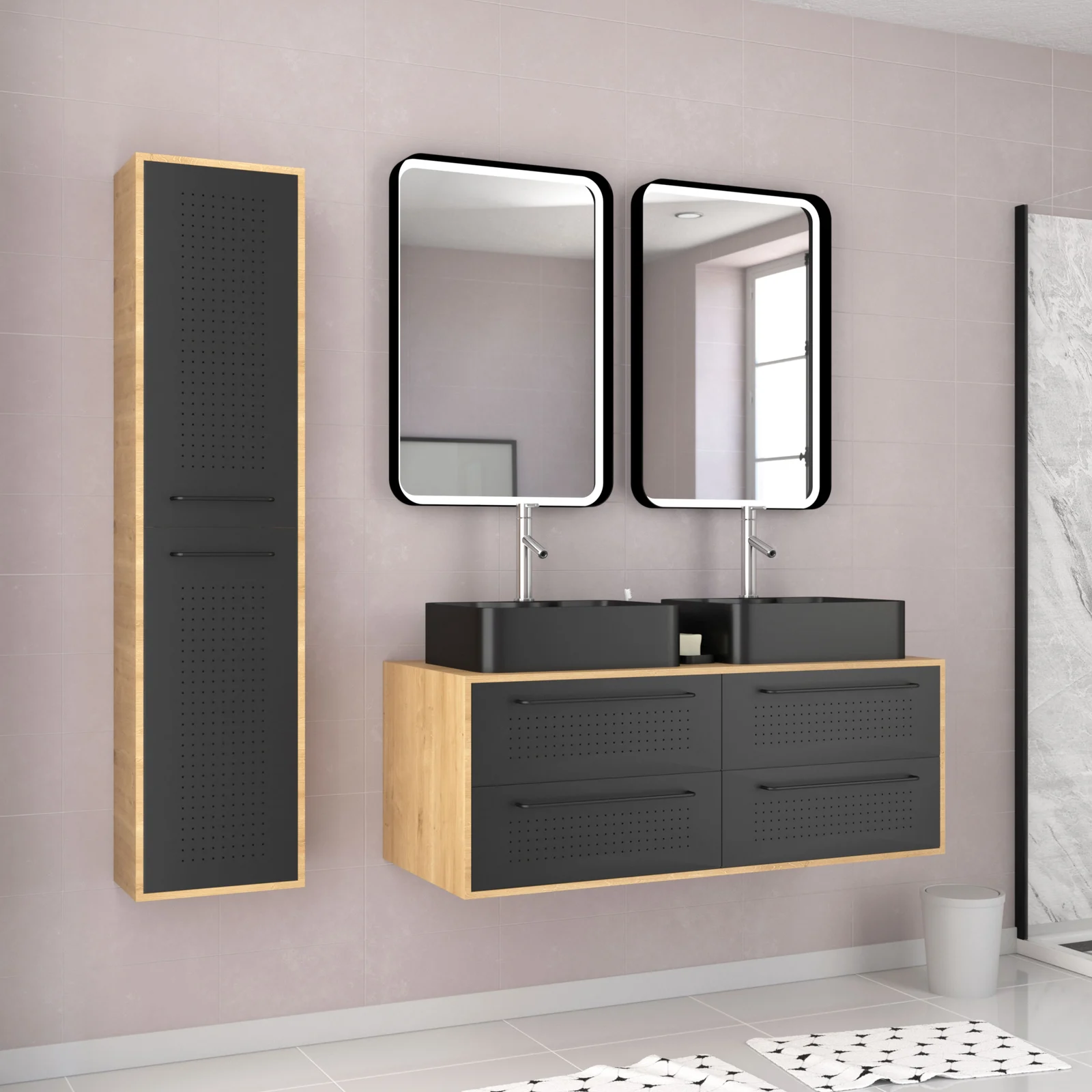 Meuble Salle de Bains 120cm_Vasques Rectangles_Miroirs Led et Colonne - Chêne naturel et Noir - UBY Meuble Salle de Bains 120cm_Vasques Rectangles_Miroirs Led et Colonne - Chêne naturel et Noir - UBY