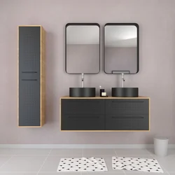 Meuble Salle de Bains 120cm_Vasques Rondes_Miroirs et Colonne - Chêne naturel et Noir - UBY