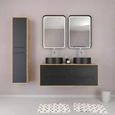 Meuble Salle de Bains 120cm_Vasques Rondes_Miroirs Led et Colonne - Chêne naturel et Noir - UBY