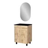 Meuble Salle de Bains 60cm 2 Portes Chêne Naturel + Vasque Noire et Miroir Ovale