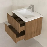 Meuble Salle de Bains 60cm 2 Tiroirs Décor Chêne et Noir Cranté - Vasque Blanche Mate - YUKI
